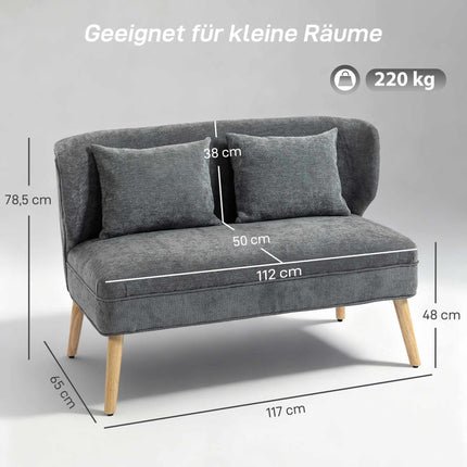 2-Seater Chenille Sofa, Wingback, Rubberwood Legs, Grey