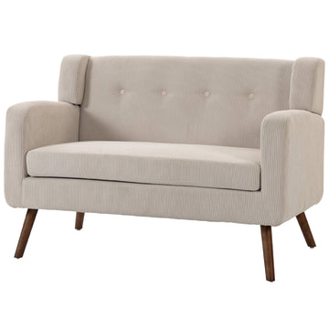 2-Seater Cord Sofa, Button-Tufted, Wood Legs, Beige