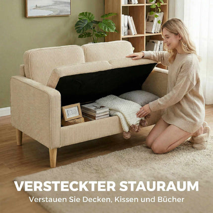2-Seater Corduroy Sofa with Storage, Beige, 117 x 63 cm