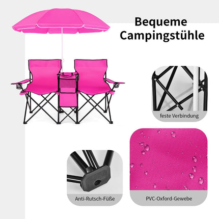 2-Seater Folding Camping Chair with Umbrella, Pink
