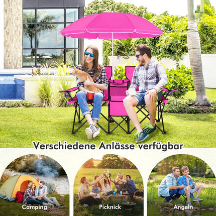 2-Seater Folding Camping Chair with Umbrella, Pink