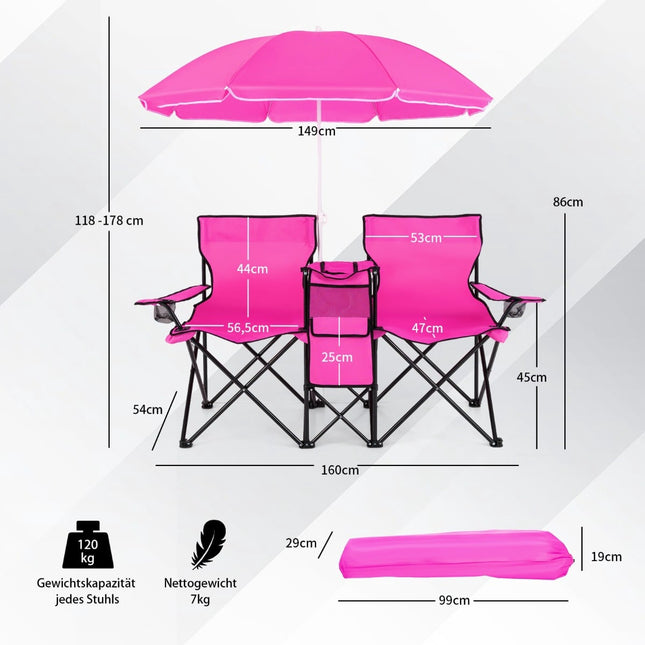 2-Seater Folding Camping Chair with Umbrella, Pink