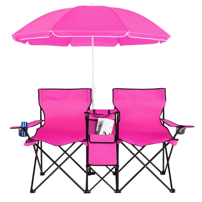 2-Seater Folding Camping Chair with Umbrella, Pink