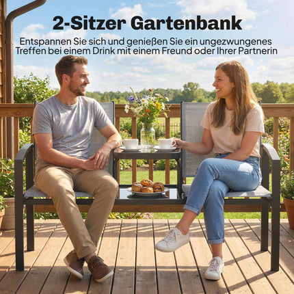 2-Seater Garden Bench with Table, Metal Frame, Grey