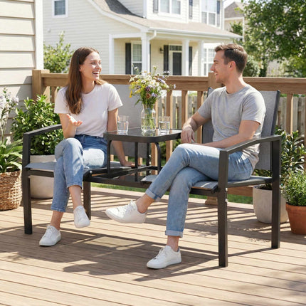 2-Seater Garden Bench with Table, Metal Frame, Grey