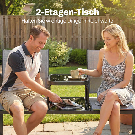 2-Seater Garden Bench with Table, Metal Frame, Grey