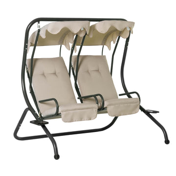 2-seat garden swing with canopy, beige steel frame