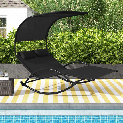 2-Seater Outdoor Swing Lounger With Canopy and Headrests, Black