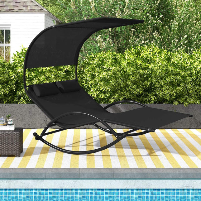 2-Seater Outdoor Swing Lounger With Canopy and Headrests, Black