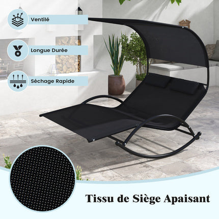 2-Seater Outdoor Swing Lounger With Canopy and Headrests, Black