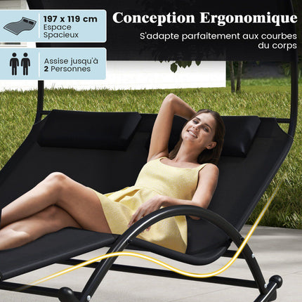 2-Seater Outdoor Swing Lounger With Canopy and Headrests, Black