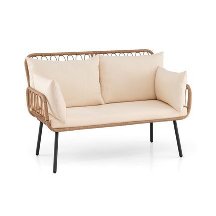 2-Seater PE Rattan Outdoor Sofa With Cushions, Beige