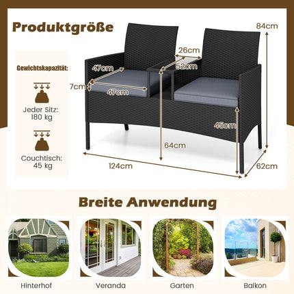 2-Seater Polyrattan Garden Bench with Table, Grey