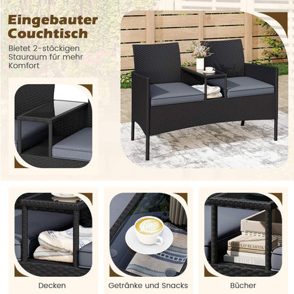2-Seater Polyrattan Garden Bench with Table, Grey