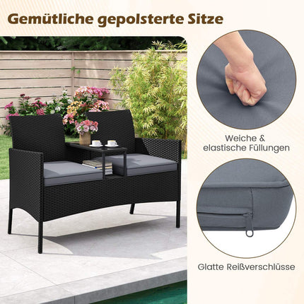 2-Seater Polyrattan Garden Bench with Table, Grey