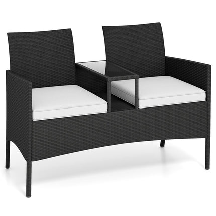 2-Seater Polyrattan Garden Bench with Table, White