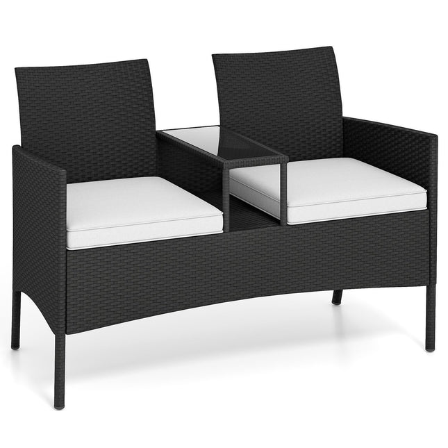 2-Seater Polyrattan Garden Bench with Table, White