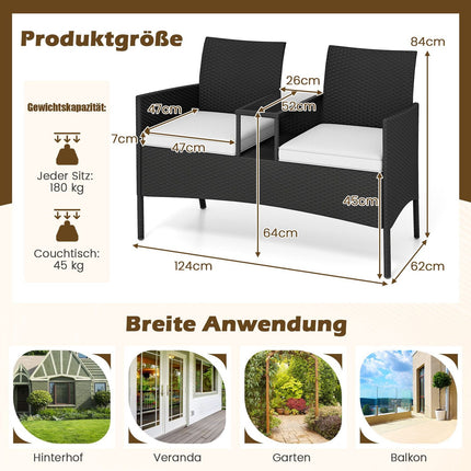 2-Seater Polyrattan Garden Bench with Table, White