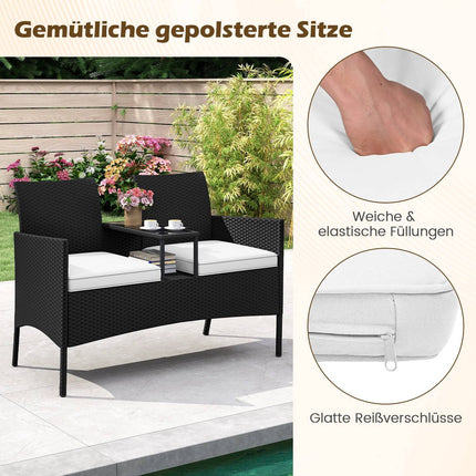 2-Seater Polyrattan Garden Bench with Table, White