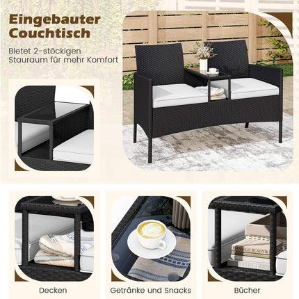 2-Seater Polyrattan Garden Bench with Table, White