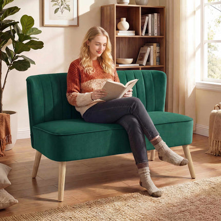 2-Seater Retro Sofa, Dark Green, Wood Legs, 117 cm