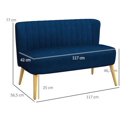 2-Seater Sofa, Blue, Wood Legs, 117 x 56.5 x 77 cm