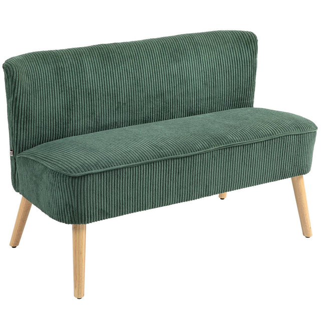 2-zitsbank, bank met corduroy-look, houten poten, gewatteerde gestoffeerde bank, tweepersoonsbank voor woonkamer, slaapkamer, 117 x 56,5 x 77 cm, groen | Aosoom