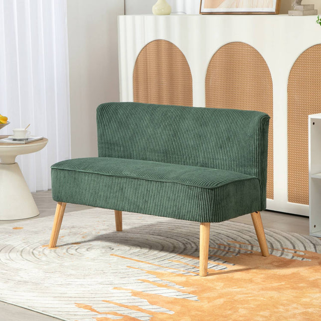 2-zitsbank, bank met corduroy-look, houten poten, gewatteerde gestoffeerde bank, tweepersoonsbank voor woonkamer, slaapkamer, 117 x 56,5 x 77 cm, groen | Aosoom