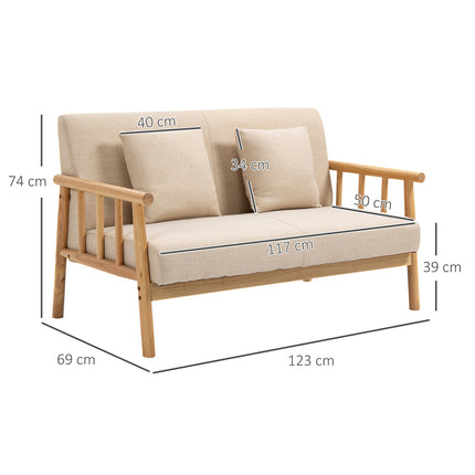 Beige 2-seater sofa with cushions, linen look, compact