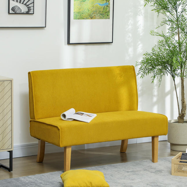 Yellow 2-seater corduroy look sofa, wooden legs, padded