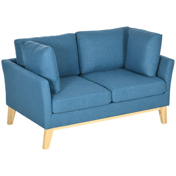 2-seater sofa in linen look, cushioned, wooden legs, blue