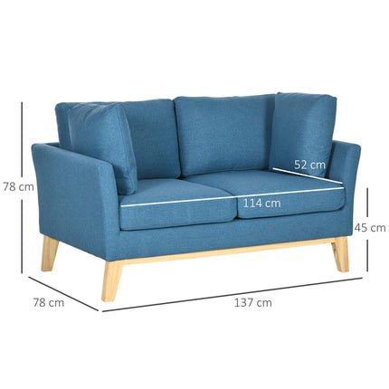 2-seater sofa in linen look, cushioned, wooden legs, blue