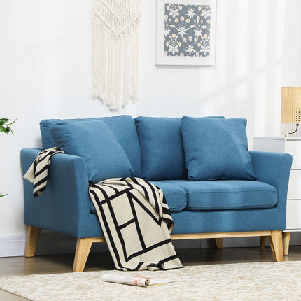 2-seater sofa in linen look, cushioned, wooden legs, blue
