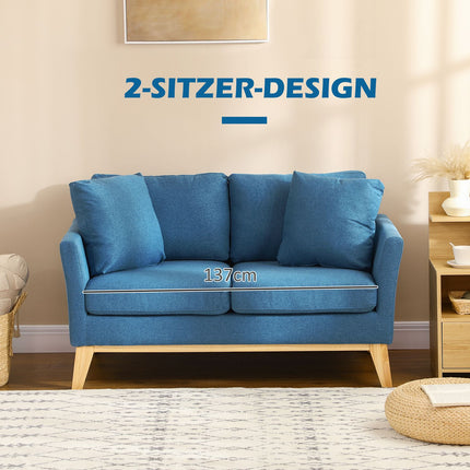 2-seater sofa in linen look, cushioned, wooden legs, blue