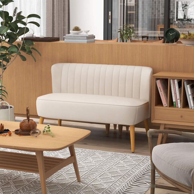 2-seater Linne Look Loveseat, wooden legs, cream white