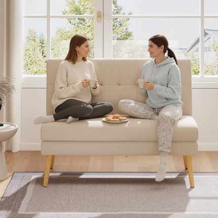 2-Seater Sofa, Tufted Back, Wood Legs, Linen Look, Beige