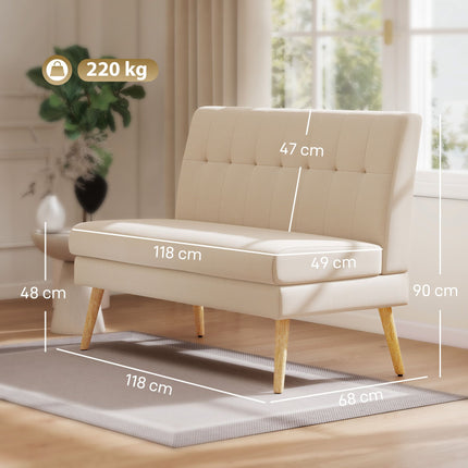 2-Seater Sofa, Tufted Back, Wood Legs, Linen Look, Beige