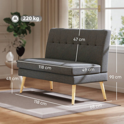 2-Seater Sofa, Tufted Back, Wood Legs, Linen Look, Grey