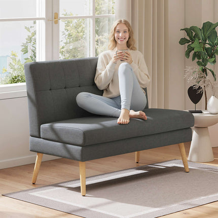 2-Seater Sofa, Tufted Back, Wood Legs, Linen Look, Grey