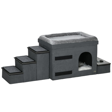 Cat bed with 2 bowls in stainless steel, grey, up to 8 kg