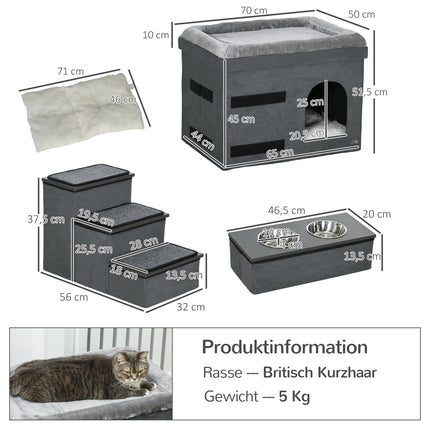 Cat bed with 2 bowls in stainless steel, grey, up to 8 kg