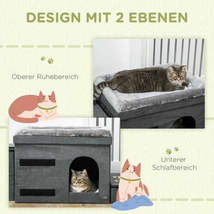 Cat bed with 2 bowls in stainless steel, grey, up to 8 kg