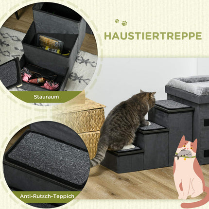 Cat bed with 2 bowls in stainless steel, grey, up to 8 kg