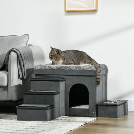 Cat bed with 2 bowls in stainless steel, grey, up to 8 kg
