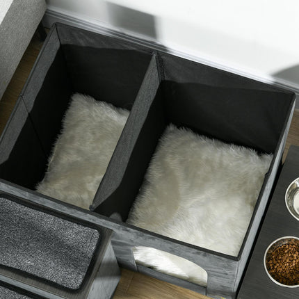 Cat bed with 2 bowls in stainless steel, grey, up to 8 kg