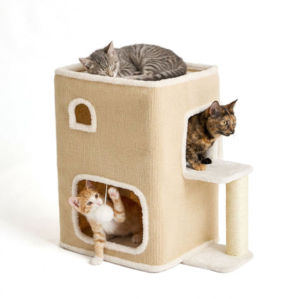 2-Storey Cat House with Sisal Post & Toys - Beige