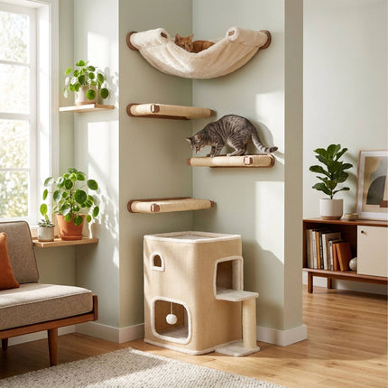 2-Storey Cat House with Sisal Post & Toys - Beige