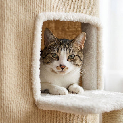 2-Storey Cat House with Sisal Post & Toys - Beige