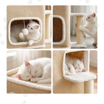 2-Storey Cat House with Sisal Post & Toys - Beige