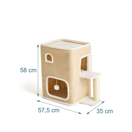 2-Storey Cat House with Sisal Post & Toys - Beige